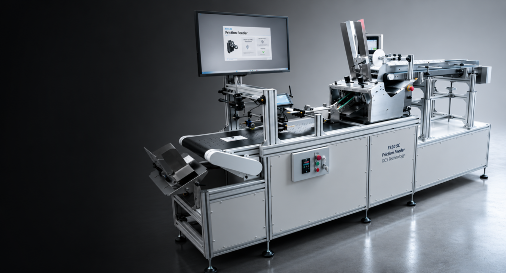 Complete pre-packaging line equipped with our unique autoloading system, ideal for high-output production. -The system shows the preloader, a friction feeder, and a vacuum conveyor equipped with a high-speed inspection system.