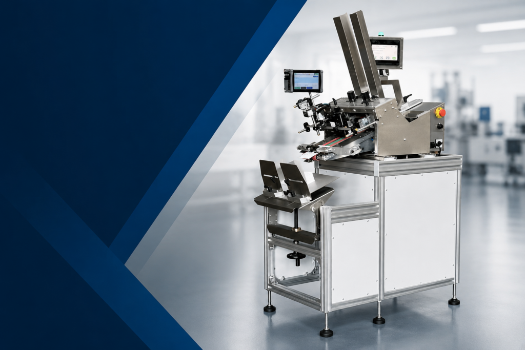 Friction feeder with long output and reception tray, which is ideal for counting, batching, and feeding difficult flat parts, and even printing a code and/or reading one at the same time.